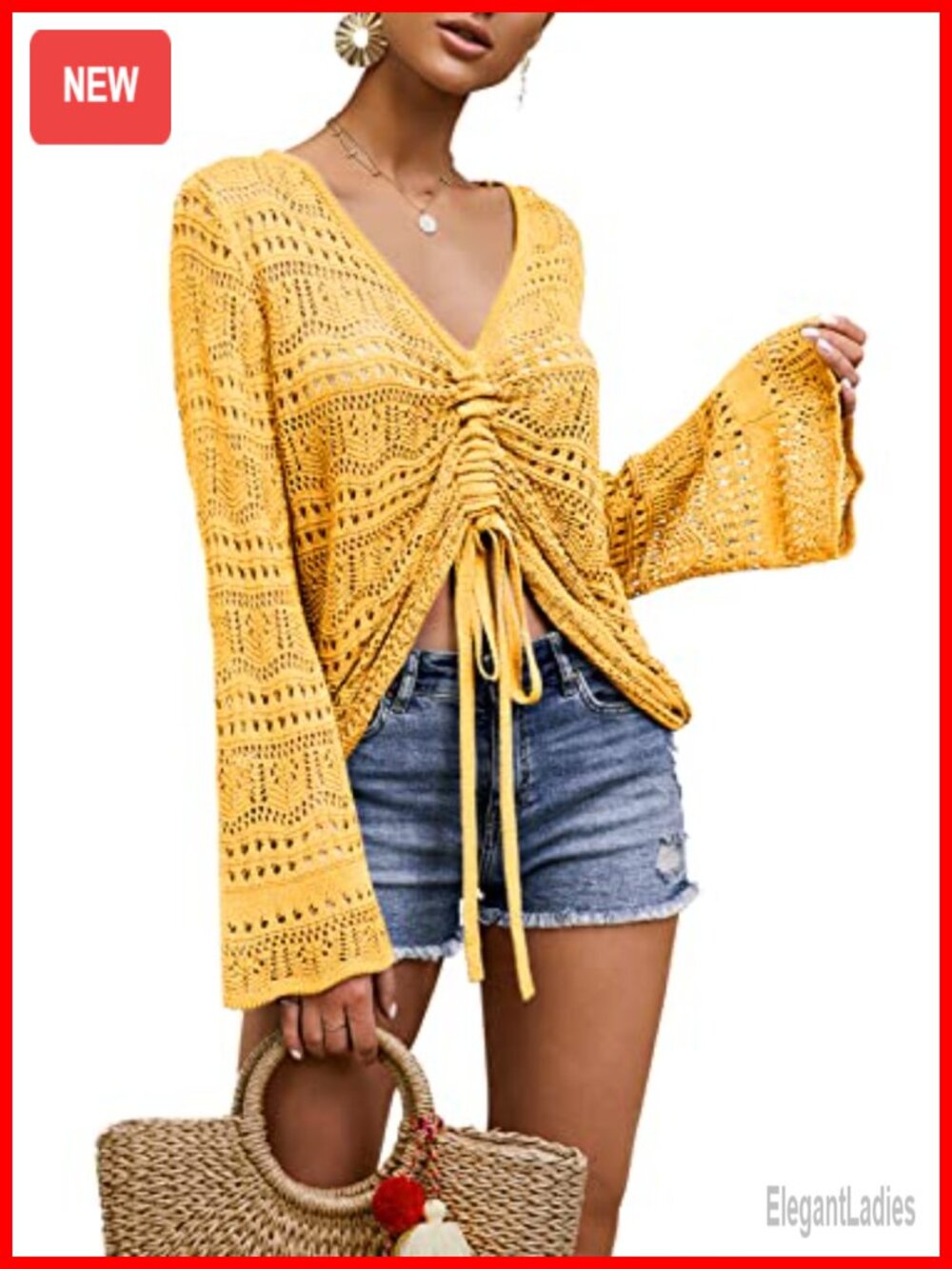 Boho Off Shoulder Sheer Crop Top Crochet Flowy Bell Sleeve Sweater